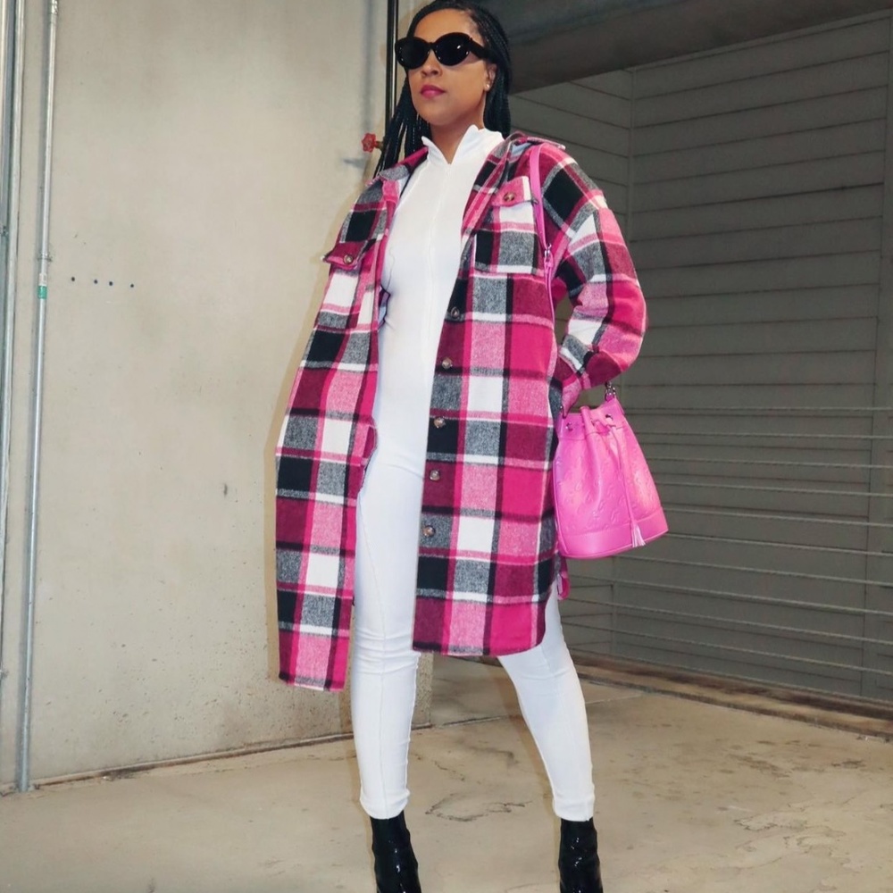 Pink and Black Plaid Shirt Jacket